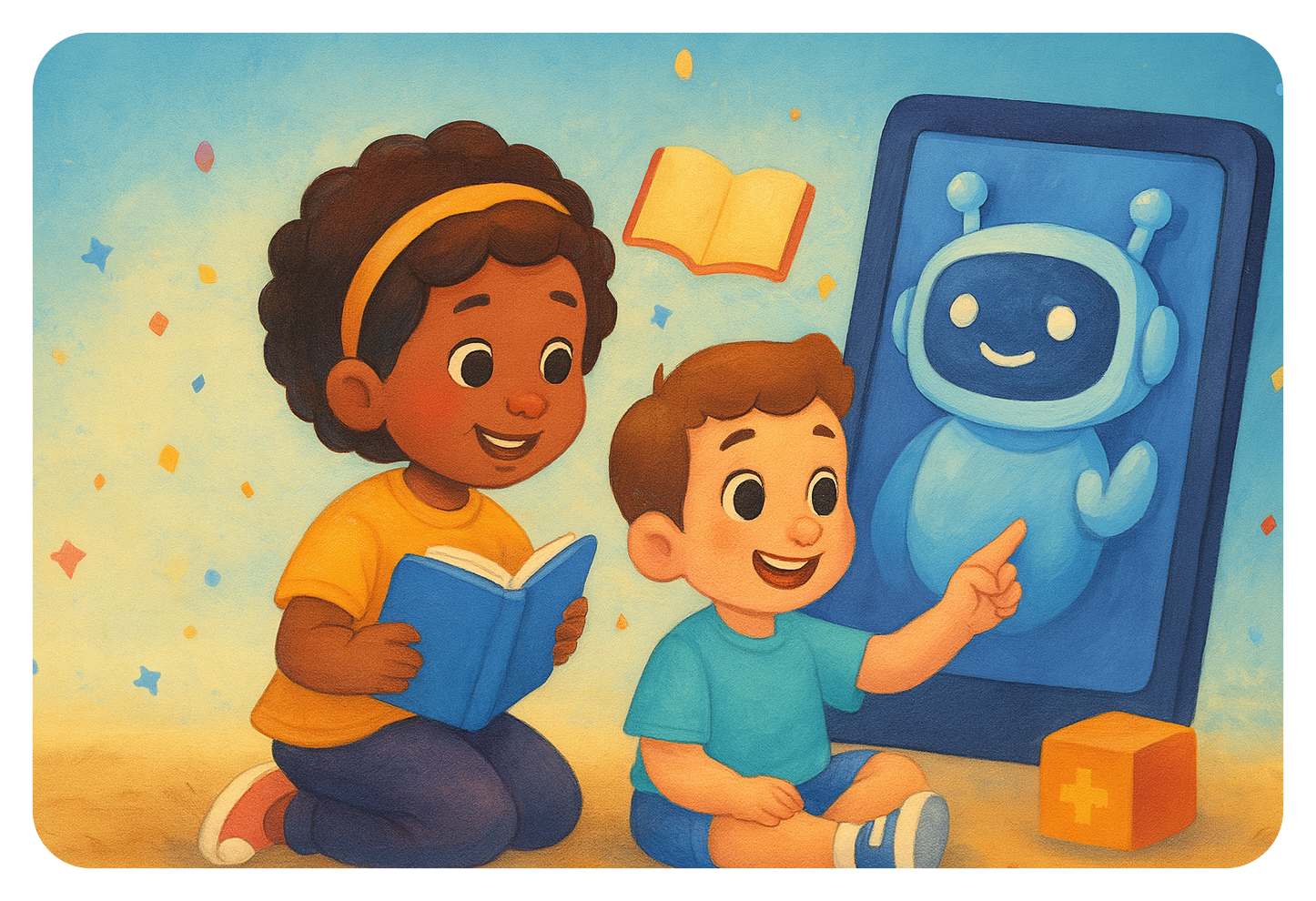 Illustration d'enfants apprenant avec un robot et des livres